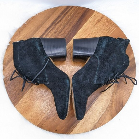 French Connection Dinah Ankle Booties 10 41 Black Suede Lace Up Block Heel Goth - Picture 8 of 13